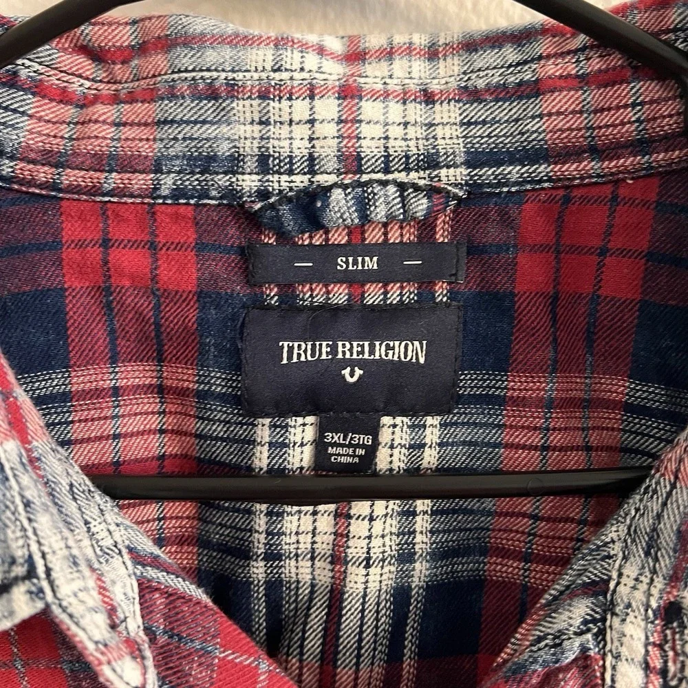 True Religion Western Shirt Men's Size 3XL Red Blue Plaid Long Sleeve Button UP